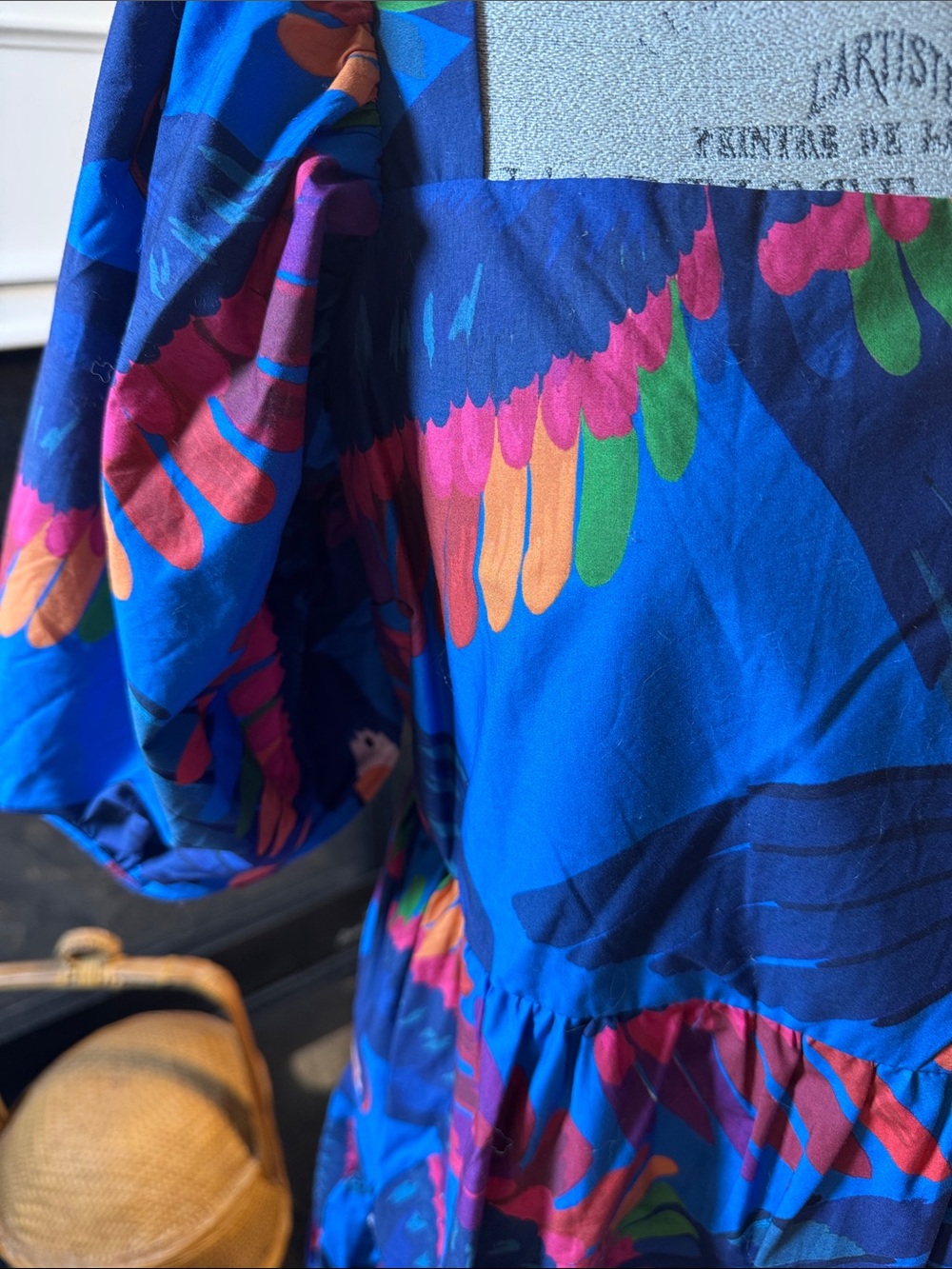 Farm Rio rainbow macaw mini dress Blue Puff Sleeve. - Picture 2 of 9